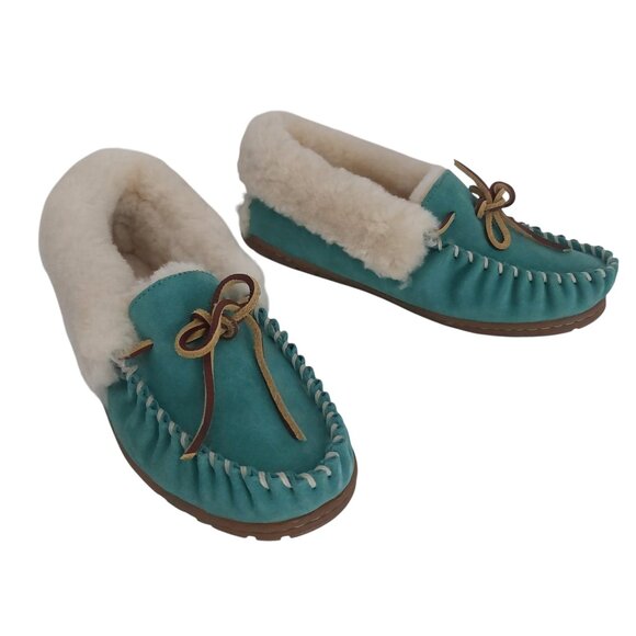 LL Bean Slippers Women 8 Teal Blue Suede Fur Lined Moccasins Cabincore Durable - Picture 15 of 15